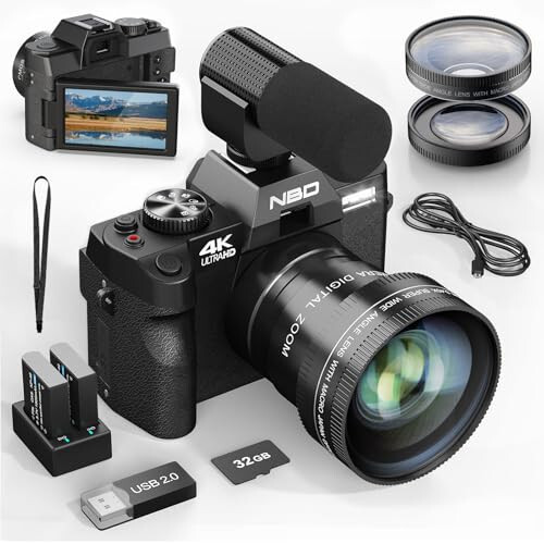 NBD 4K Dijital Fotoğraf Makineleri - 48MP Seyahat Fotoğrafçılığı ve YouTube Vlog Kamerası, Mikrofon ve Tripod Tutucu, 16X Dijital Zoom, 32GB SD Kart ve Geniş Açı Makro Objektif Dahil - 1