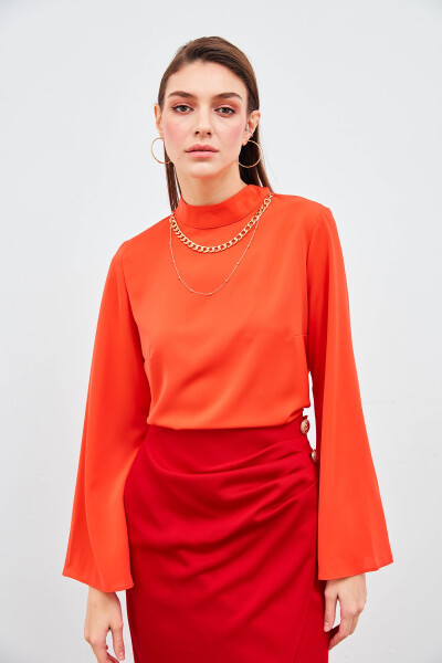 Necklace Spanish Sleeve Blouse - Coral - 6