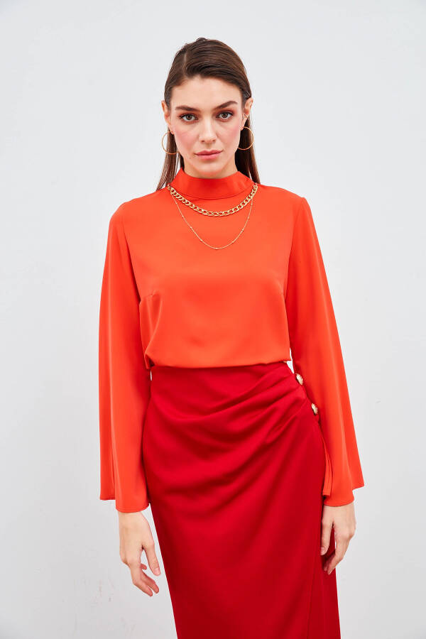 Necklace Spanish Sleeve Blouse - Coral - 8