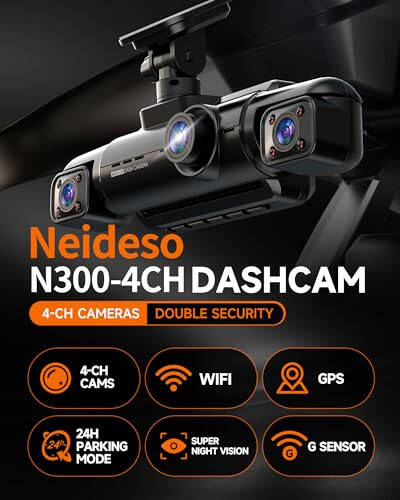 Neideso 360° Dash Cam Front and Rear Inside, 4 Channel FHD 4 * 1080P, Wi-Fi GPS Voice Control Car Camera, Front 2K+1080P*2 Dash Camera for Cars, with 64GB SD Card, Night Vision, 24H Parking Mode(N300) - 8