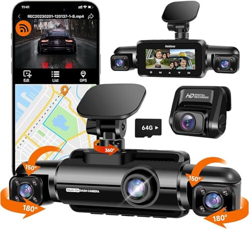 Neideso 360° Dash Cam Front and Rear Inside, 4 Channel FHD 4 * 1080P, Wi-Fi GPS Voice Control Car Camera, Front 2K+1080P*2 Dash Camera for Cars, with 64GB SD Card, Night Vision, 24H Parking Mode(N300) - 1