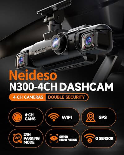 Neideso 360° Dash Cam Front and Rear Inside, 4 Channel FHD 4 * 1080P, Wi-Fi GPS Voice Control Car Camera, Front 2K+1080P*2 Dash Camera for Cars, with 64GB SD Card, Night Vision, 24H Parking Mode(N300) - 2