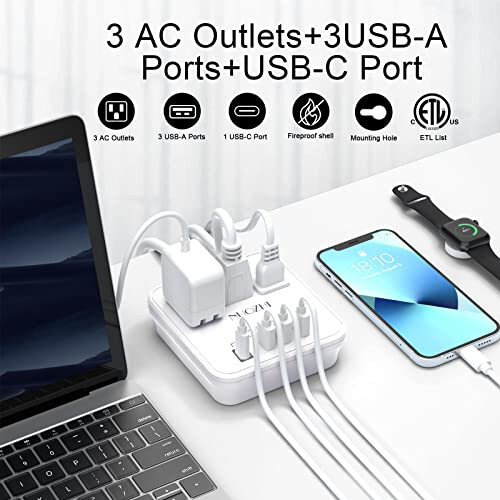 Необходимые вещи для круизов, 6-футовый удлинитель с 3 розетками и 4 USB-портами (1 USB C), без защиты от скачков напряжения для круизных судов, путешествий, домашнего офиса, с сертификатом ETL, белый - 2