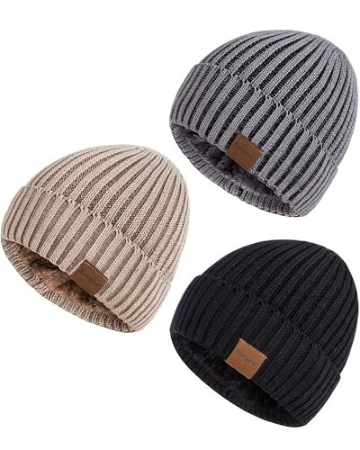 Nertpow Mens Beanie Hats 3 Pack, Winter Hats for Men Women Warm Thermal Fleece Lined, Thick Knit Fashion Skull Cap for Guys - 1