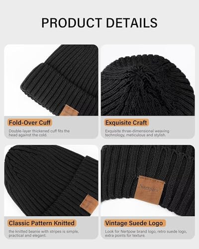 Nertpow Mens Beanie Hats 3 Pack, Winter Hats for Men Women Warm Thermal Fleece Lined, Thick Knit Fashion Skull Cap for Guys - 4