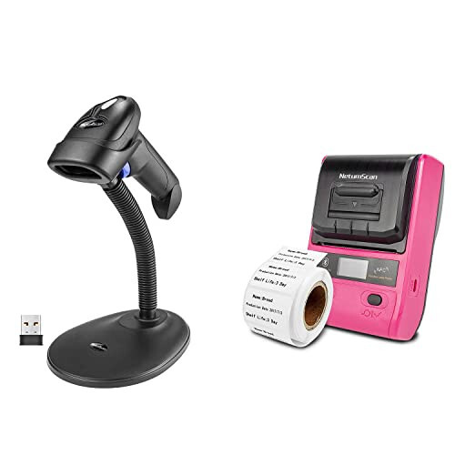 NetumScan Wireless Barcode Scanner with Stand & Label Maker Portable Bluetooth Thermal Label Printer Compatible with Android & iOS System Apply to Labeling, Address, QR Code, Barcode, Cable and more - 1