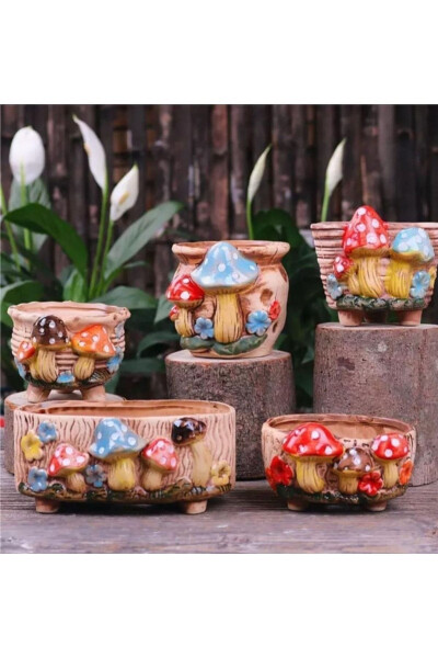 NEW DECORATIVE 5 PCS RETRO MUSHROOM SUCCULENT AND CACTUS POT SET, DISPLAY - 1