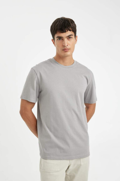 New Regular Fit Crew Neck Basic Short Sleeve 100% Cotton T-Shirt Grey - 1