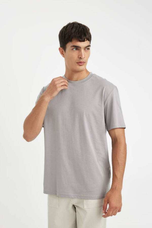 New Regular Fit Crew Neck Basic Short Sleeve 100% Cotton T-Shirt Grey - 3