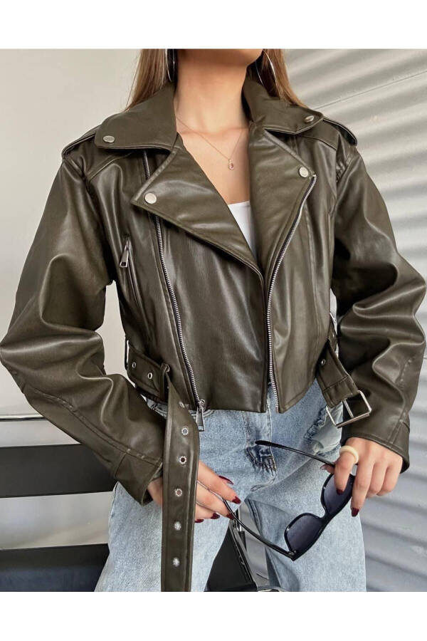 New Season Belted Oversize Leather Biker Jacket - 8