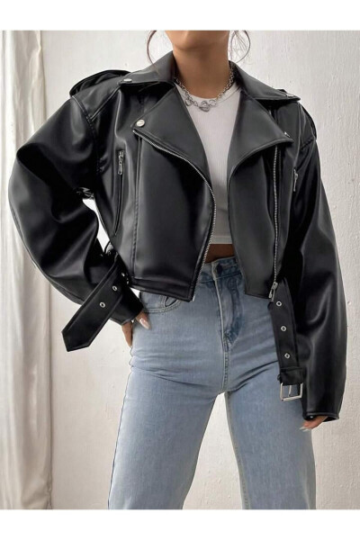 New Season Belted Oversized Leather Biker Jacket - 20