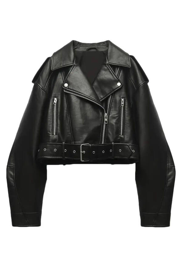 New Season Belted Oversized Leather Biker Jacket - 5