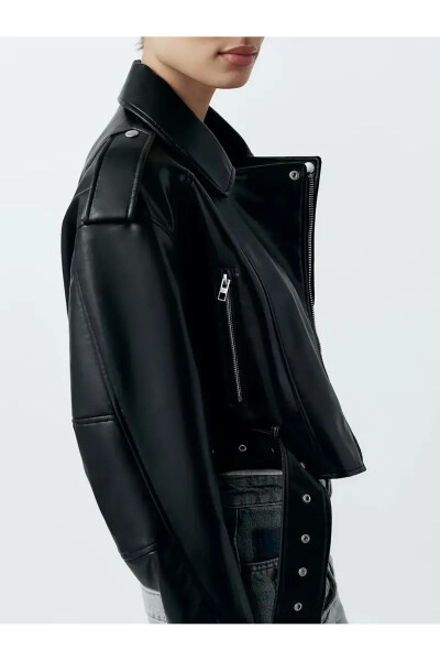 New Season Belted Oversized Leather Biker Jacket - 7