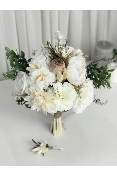 New Season Cream Arrangement Bridal Flower Bridal Bouquet and Groom Boutonniere Special Design - 12