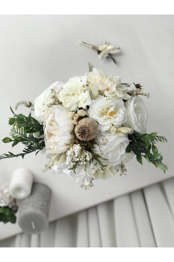 New Season Cream Arrangement Bridal Flower Bridal Bouquet and Groom Boutonniere Special Design - 2