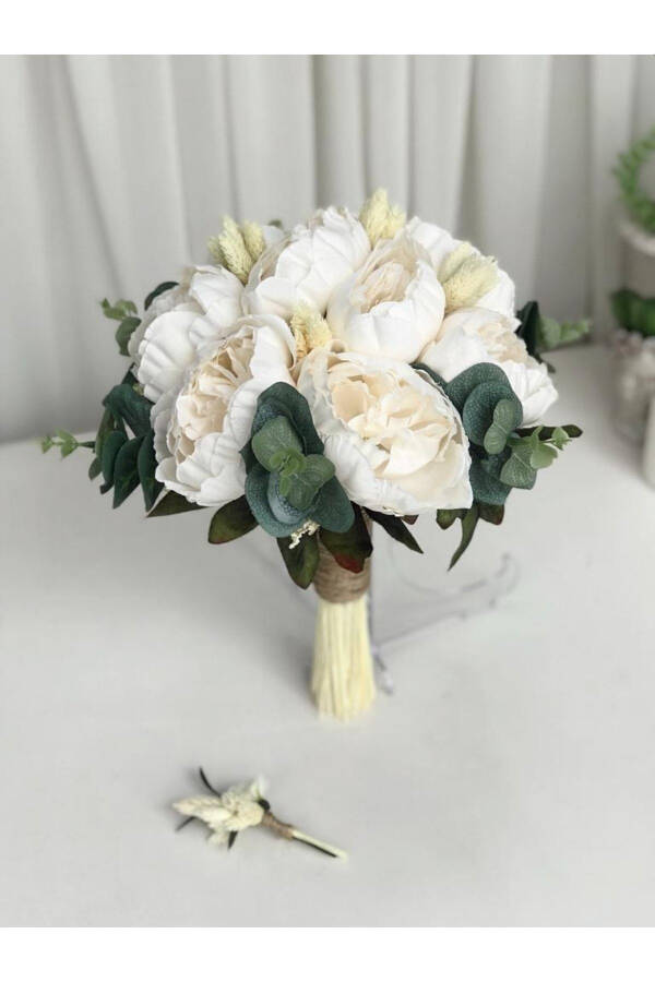 New Season Eucalyptus Cream Peony Bridal Bouquet and Groom Boutonniere Special Design - 9