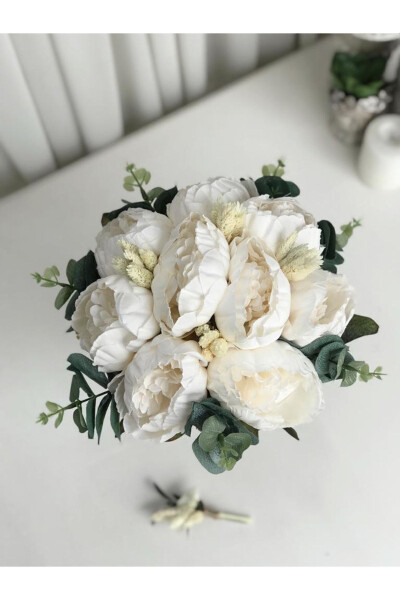 New Season Eucalyptus Cream Peony Bridal Bouquet and Groom Boutonniere Special Design - 7