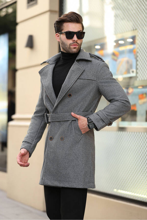 New season, long men's cashmere coat with belted button details. - 2