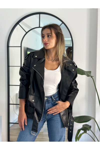 New Season Oversize Women's Black Biker Leather Jacket - 3