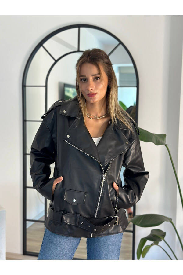 New Season Oversize Women's Black Biker Leather Jacket - 4