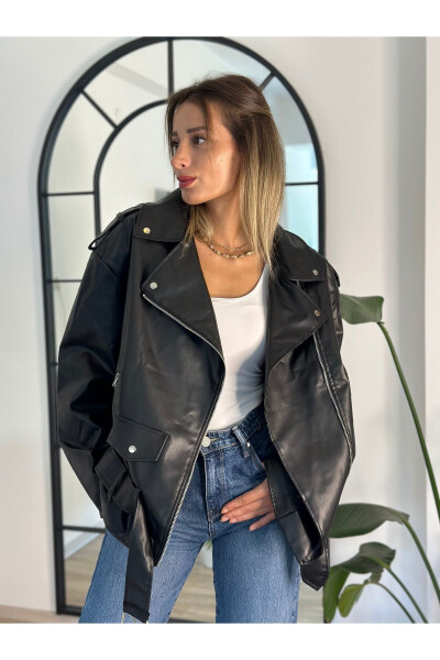 New Season Oversize Women's Black Biker Leather Jacket - 6