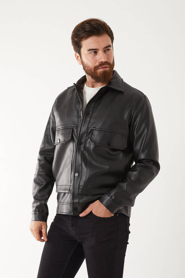 New Season, Pocket Detailed, Fur Lined, Plain Leather Jacket - 2