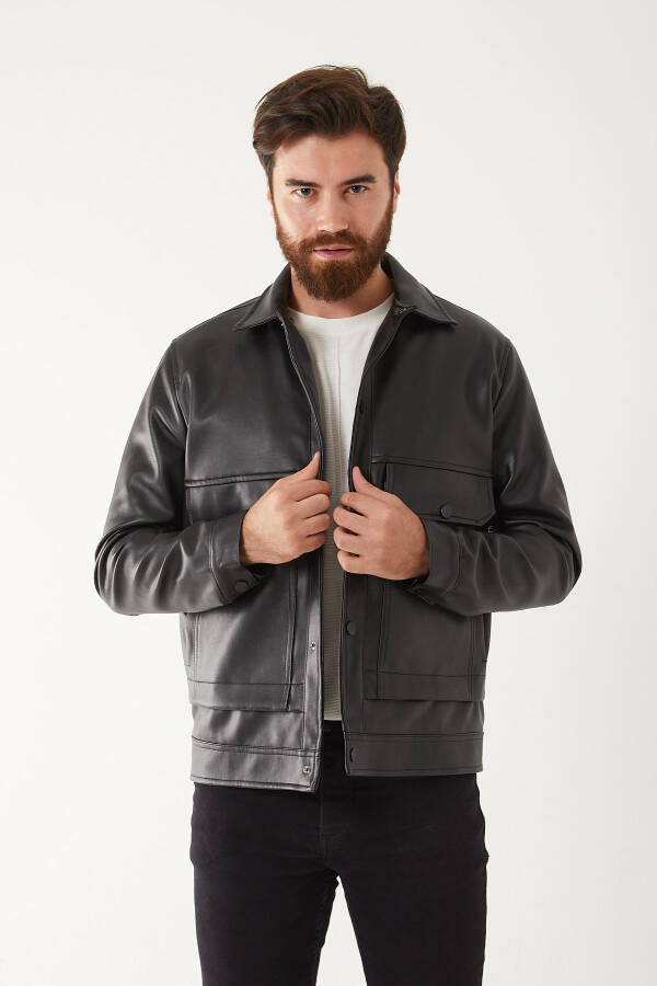 New Season, Pocket Detailed, Fur Lined, Plain Leather Jacket - 5