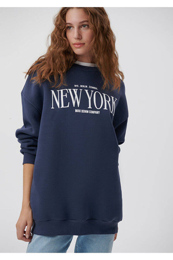 New York Baskılı Mavi Sweatshirt 1612008-85315 - 1