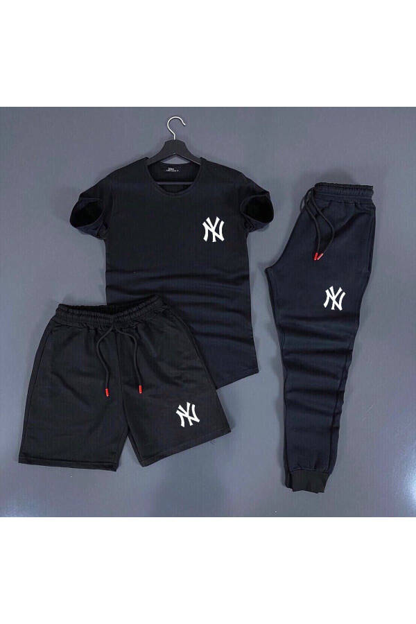 New York Baskılı Siyah Unisex Yazlık Eşofman Kombini - 1