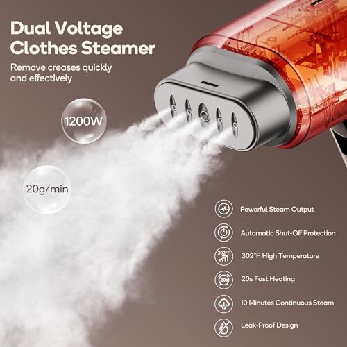 Newbealer Dual Voltage Travel Steamer - 120V/220V Handheld Steamer for Clothes, 1200W Horizontal & Vertical Steaming, 20s Heat-up, Foldable, 1.72lbs, 180ml Garment Wrinkle Remover (Brown) - 2