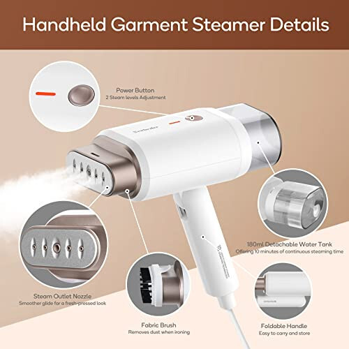 Newbealer Steamer for Clothes, 1200W Travel Steamer with Horizontal & Vertical Steaming, 2 Steam Levels, Dry Ironing, Foldable, 1.5lbs Lightly, 180ml Handheld Fabric Wrinkle Remover (120V Only) - 7