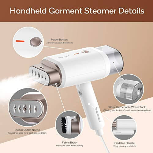 Newbealer Steamer for Clothes, 1200W Travel Steamer with Horizontal & Vertical Steaming, 2 Steam Levels, Dry Ironing, Foldable, 1.5lbs Lightly, 180ml Handheld Fabric Wrinkle Remover (120V Only) - 7