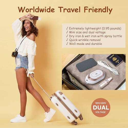 Newbealer Travel Iron with Dual Voltage - 120V/220V Mini Dry Iron for Clothes (No Steam), Non-Stick Ceramic Soleplate, 302℉ Heat Press Machine for Quilting & Sewing, 0.95lbs Lightly (Gold) - 2