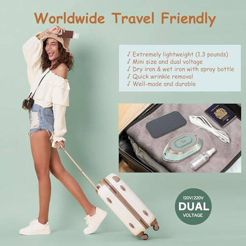 Newbealer Travel Iron with Dual Voltage - 120V/220V Mini Dry Iron for Clothes (No Steam), Non-Stick Ceramic Soleplate, 302℉ Heat Press Machine for Quilting & Sewing, 0.95lbs Lightly (Green) - 2