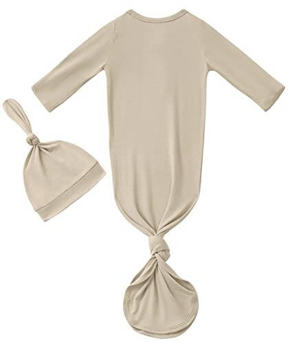 Newborn Baby Boys Girls Knotted Gown Hat Set Soft Bamboo Viscose Infant Sleeper Baby Sleep Gown with Mittens - 22