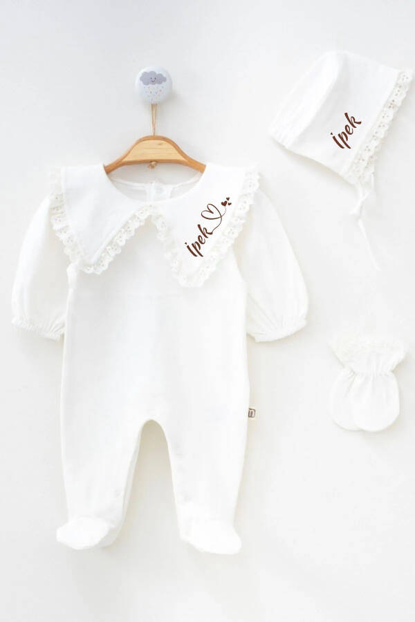 Newborn baby girl hospital discharge set with romper, hat and mittens. - 1