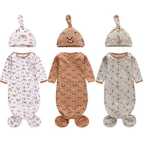 Newborn Knotted Nightgown Long Sleeve with Matching Hat Set 3 Pack, Cotton Baby Sleeper Gowns Sleeping Bags Home Outfits Set with Mitten Cuffs for Boys Girls (Pine Tree + Wave + Sloth, 6-12 Months) - 43