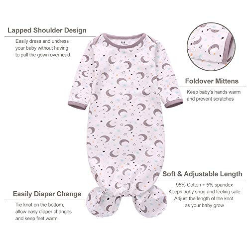 Newborn Knotted Nightgown Long Sleeve with Matching Hat Set 3 Pack, Cotton Baby Sleeper Gowns Sleeping Bags Home Outfits Set with Mitten Cuffs for Boys Girls (Pine Tree + Wave + Sloth, 6-12 Months) - 45