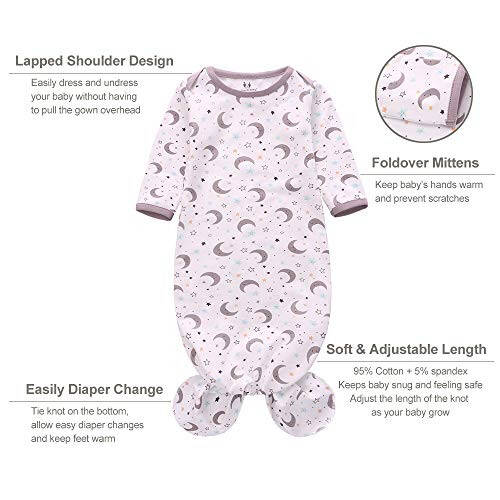 Newborn Knotted Nightgown Long Sleeve with Matching Hat Set 3 Pack, Cotton Baby Sleeper Gowns Sleeping Bags Home Outfits Set with Mitten Cuffs for Boys Girls (Pine Tree + Wave + Sloth, 6-12 Months) - 45