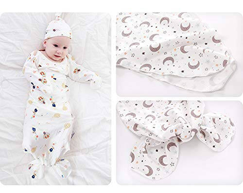 Newborn Knotted Nightgown Long Sleeve with Matching Hat Set 3 Pack, Cotton Baby Sleeper Gowns Sleeping Bags Home Outfits Set with Mitten Cuffs for Boys Girls (Pine Tree + Wave + Sloth, 6-12 Months) - 46