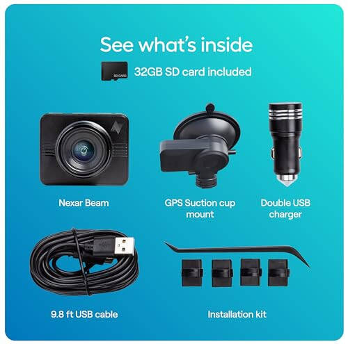 Nexar Beam GPS Dash Cam - 1 Year Nexar App Subscription Included - Unlimited Cloud Storage, Drive Recordings, Parking Mode, Night Vision, All Inside The Nexar App - WiFi HD Front Dash Cam (32 GB SD) - 5