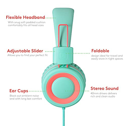 Nilogie A21 Kids Headphones for School/PC/Cellphone/Airplane Travel with 3.5mm Jack Children Boys Girls Foldable Wired On-Ear Headset (Mint Coral) - 2