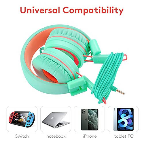 Nilogie A21 Kids Headphones for School/PC/Cellphone/Airplane Travel with 3.5mm Jack Children Boys Girls Foldable Wired On-Ear Headset (Mint Coral) - 4