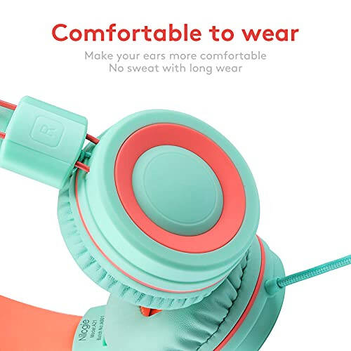 Nilogie A21 Kids Headphones for School/PC/Cellphone/Airplane Travel with 3.5mm Jack Children Boys Girls Foldable Wired On-Ear Headset (Mint Coral) - 6