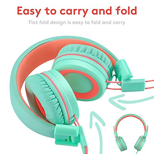 Nilogie A21 Kids Headphones for School/PC/Cellphone/Airplane Travel with 3.5mm Jack Children Boys Girls Foldable Wired On-Ear Headset (Mint Coral) - 7