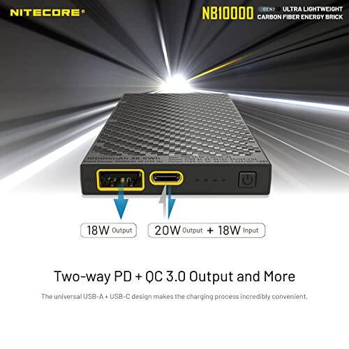 Nitecore NB10000 GEN 2 Ultra-Slim 10000mAh Tez Zaryadlovchi Power Bank, Telefonlar, Boshlang'ich Lambalar LifeMods Uchun USB va USB-C Ikki Xil Chiqishi va Kabellari bilan, Mini Ko'p Funktsiyali Kalit Zanjir COB Chiroq bilan Birga - 6