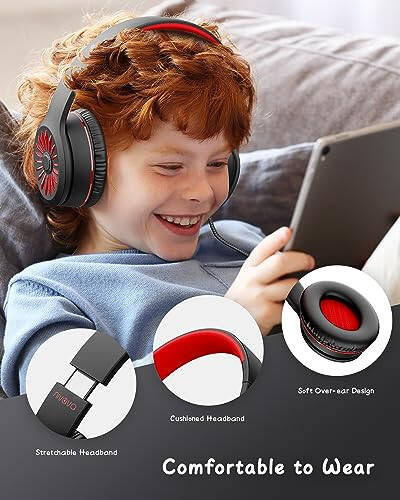 NIVAVA Wired Headphones with Microphone, K16 On-Ear Headphones for Kids with 3.5MM Jack, Foldable Stereo Bass Headphones for Teens School Modazone Kindle, Fire, Chromebook, Tablet(Black Red) - 4