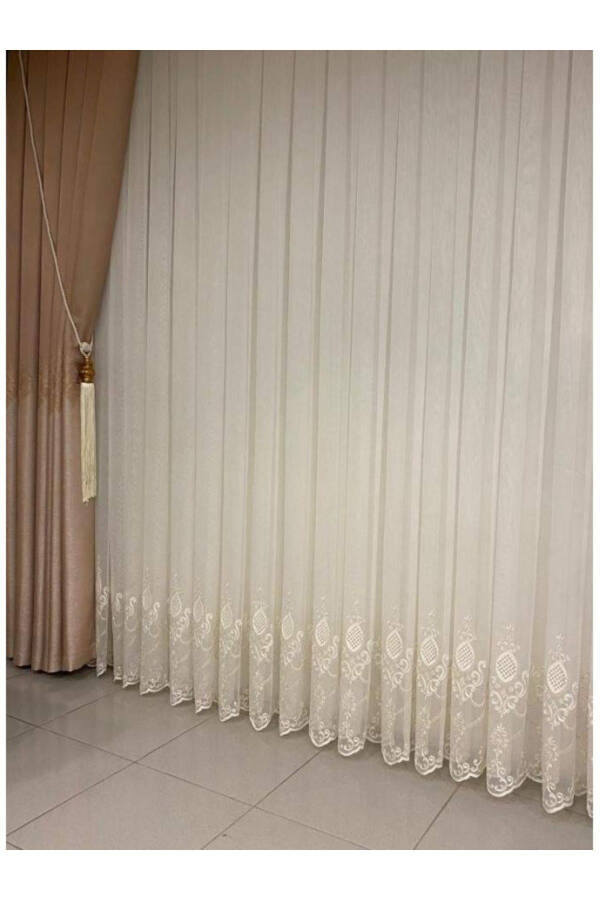 Nivemeshome Ren Embroidered Cream 1/3 Pleated Tulle Curtain Apm - 17