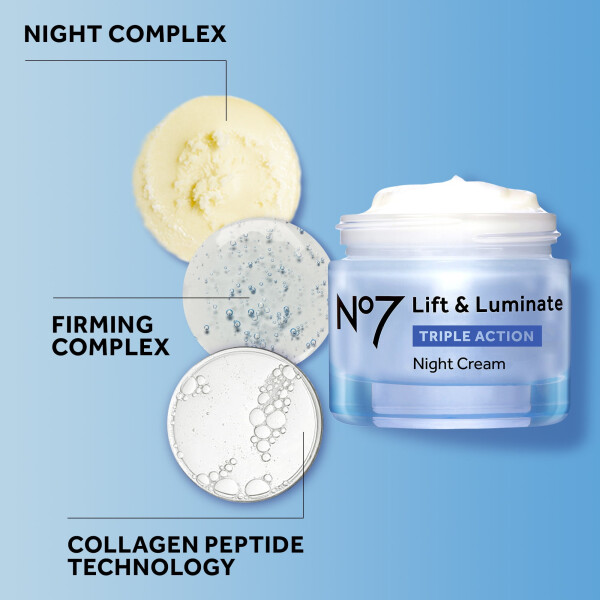 No7 Lift & Luminate Üçlü Etki Gece Kremi, Kolajen Peptitler ve C Vitaminiyle, Tüm Cilt Tipleri için, 1,69 oz - 8