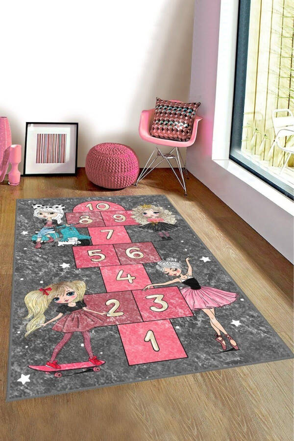 Non-Slip Washable Lol Doll Hopscotch Patterned Digital Printed Kids Rug - 1